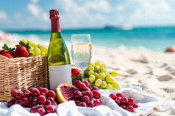 Beach summer marketing campaigns concept. A beach picnic scene featuring a bottle of champagne, a glass, and a variety of fresh fruits on a sandy shoreline.