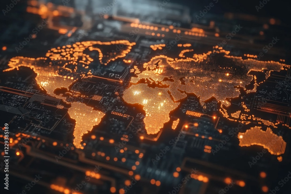 Poster Map of the world created with circuit pattern and glowing lights, showcasing technological advancements and global connectivity