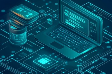 Technological workspace with laptop surrounded by digital components in futuristic style