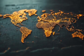 Detailed world map design showcasing illuminated continents over a dark background with intricate textures and patterns