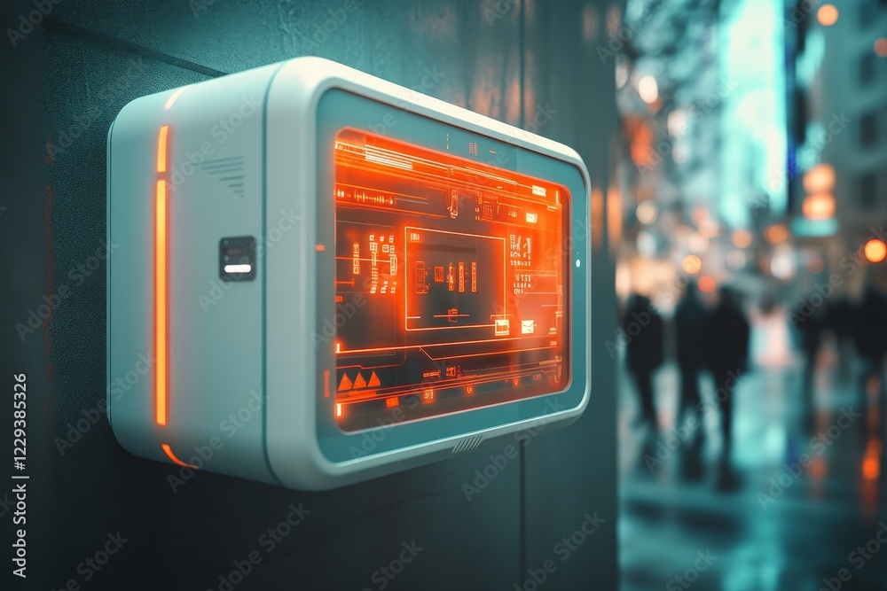 Poster Futuristic touchscreen interface display in a bustling urban setting during twilight hours