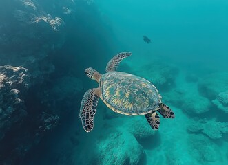 Obraz premium Majestic sea turtle gliding gracefully through crystal clear ocean water among vibrant coral reefs and rocky formations