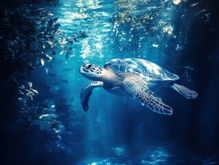 Fototapeta premium Majestic Sea Turtle Gliding Gracefully Through Crystal Clear Ocean Water Surrounded by Sunlight and Marine Life