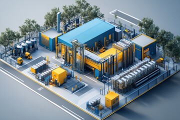Industrial facility with blue and yellow structures surrounded by equipment and trees during daytime