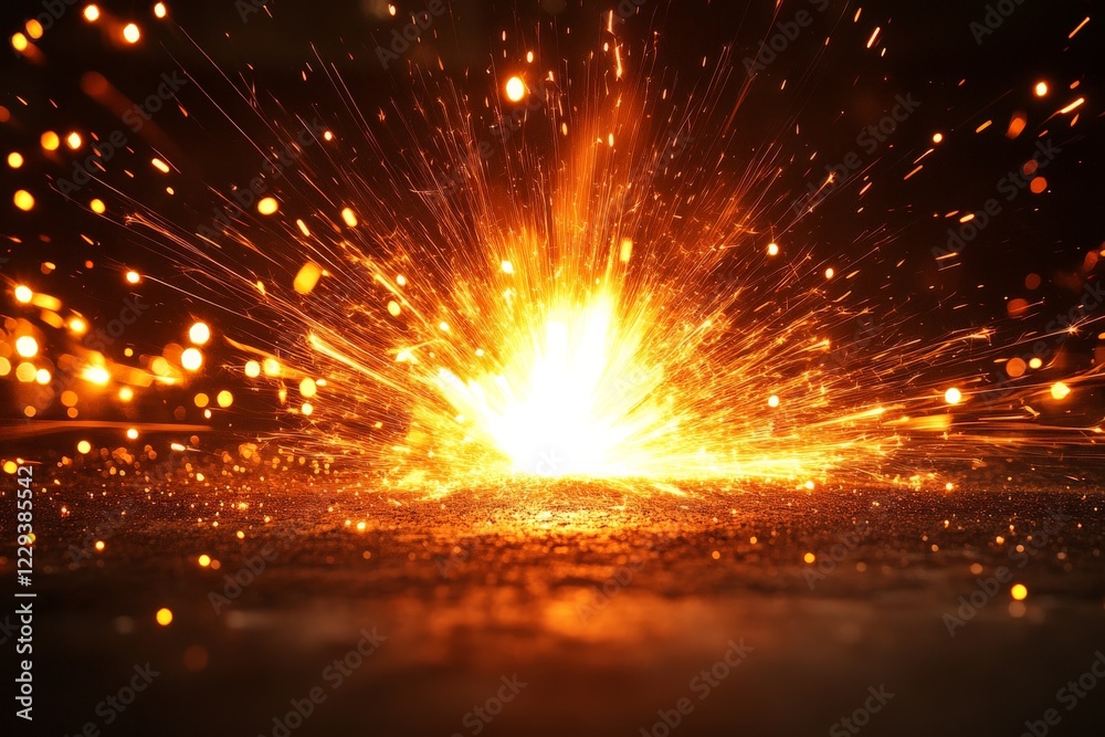 Aufkleber bright orange sparks fly up from a burst of flame on a dark surface in a dramatic display of motion 
