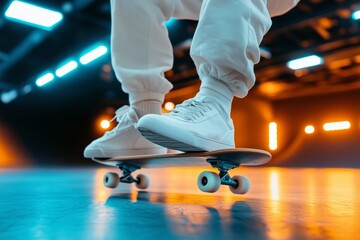 Close up of skateboarder riding skateboard in indoor skatepark with neon lights