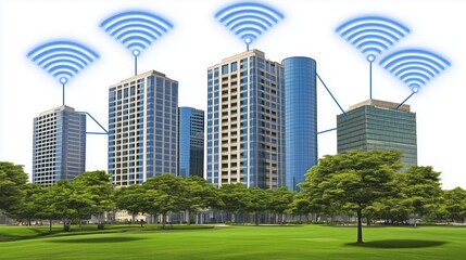 Obraz premium Smart city connecting buildings with wireless network technology