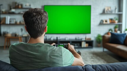 Young man relaxing on sofa and playing videogames using wireless controller and watching green screen mockup display on big tv