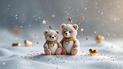 Two Cute Teddy Bears Sitting in Snow with Gold Hearts and Stars Festive Whimsical