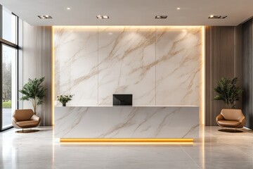 Modern reception area with sleek design and natural light during daytime
