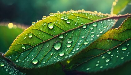 Close-Up of Dew on Fresh Leaves. A macro shot of leaves covered in morning dew droplets