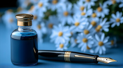 Blue ink bottle, fountain pen, daisies; writing, stationery, still life; blog, website