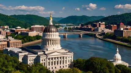 West Virginia State Capitol and skyline, in Charleston along Kanawha river. Charleston is the capital and most populous city of the U.S. state of West Virginia and the seat of Kanawha County.