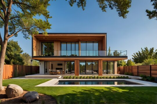 Modern two-story house with large windows, wood accents, and a landscaped garden under a bright sky.