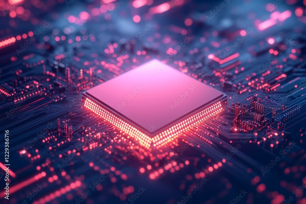 Fototapete close-up of a vibrant microchip on a circuit board, illuminating the intricate electronic connection