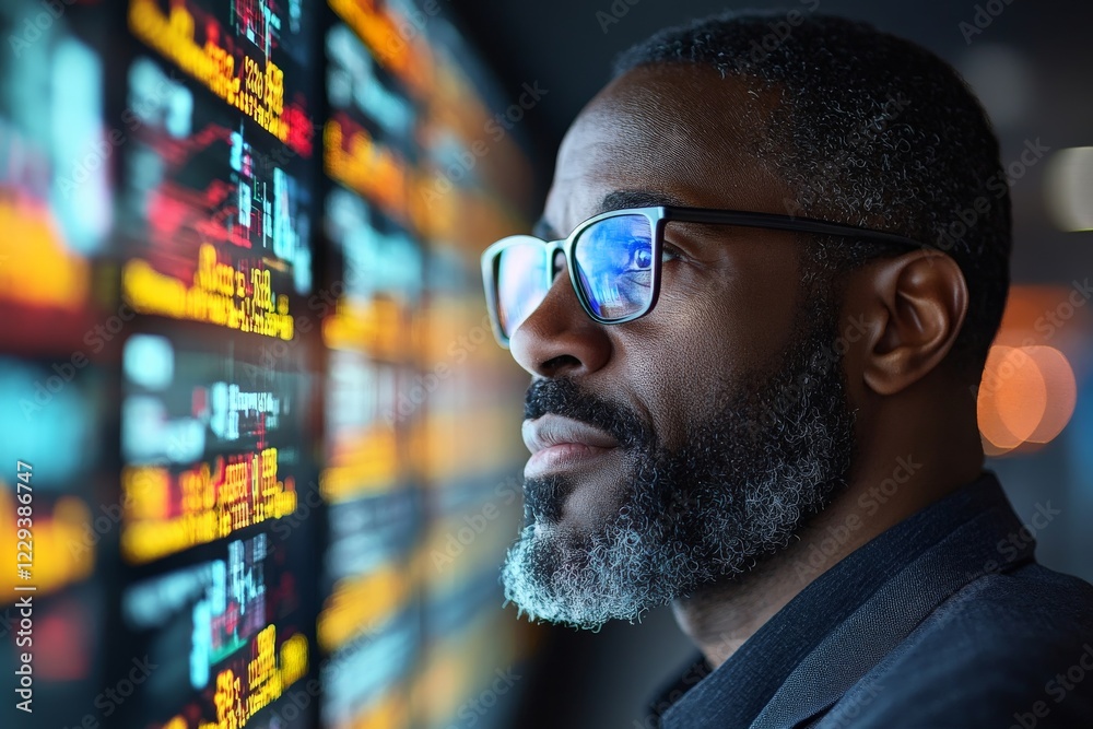 Poster black businessman analyzes financial data on a digital display in a modern office setting