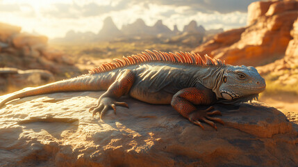 Sunlit iguana resting on a rock in a desert landscape with rocky formations and golden light