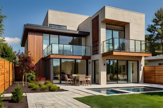 Modern two-story house with large windows, wood accents, and a landscaped garden under a bright sky.