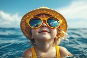Child enjoys a sunny day at the beach with bright sunglasses and a straw hat while playing in the water