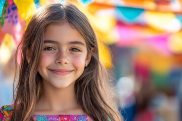 Fototapeta premium Smiling girl wearing traditional attire at a vibrant outdoor festival with colorful decorations in the background