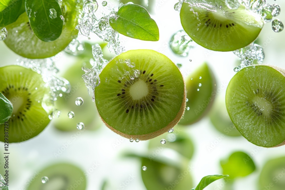 Aufkleber fresh kiwi slices and green leaves splash into water creating a vibrant, refreshing scene