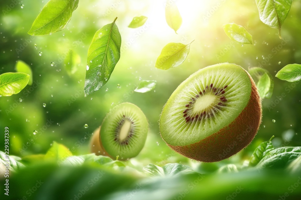 Aufkleber fresh kiwis floating among green leaves in a vibrant and sunny environment creating a refreshing nat