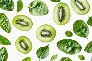 Fototapeta premium Fresh kiwi slices and spinach leaves arranged on a white background for healthy food presentation