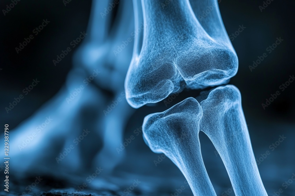 Poster close-up view of human knee joint revealing intricate bone structure and soft tissue in blue tones