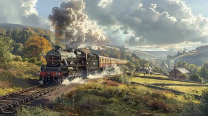 Obraz premium An old-fashioned train steams through a lush valley in the morning light, emitting a plume of smoke, ai generated, AI generated