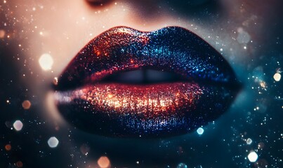 Glittery lips, close-up, cosmic background, beauty ad