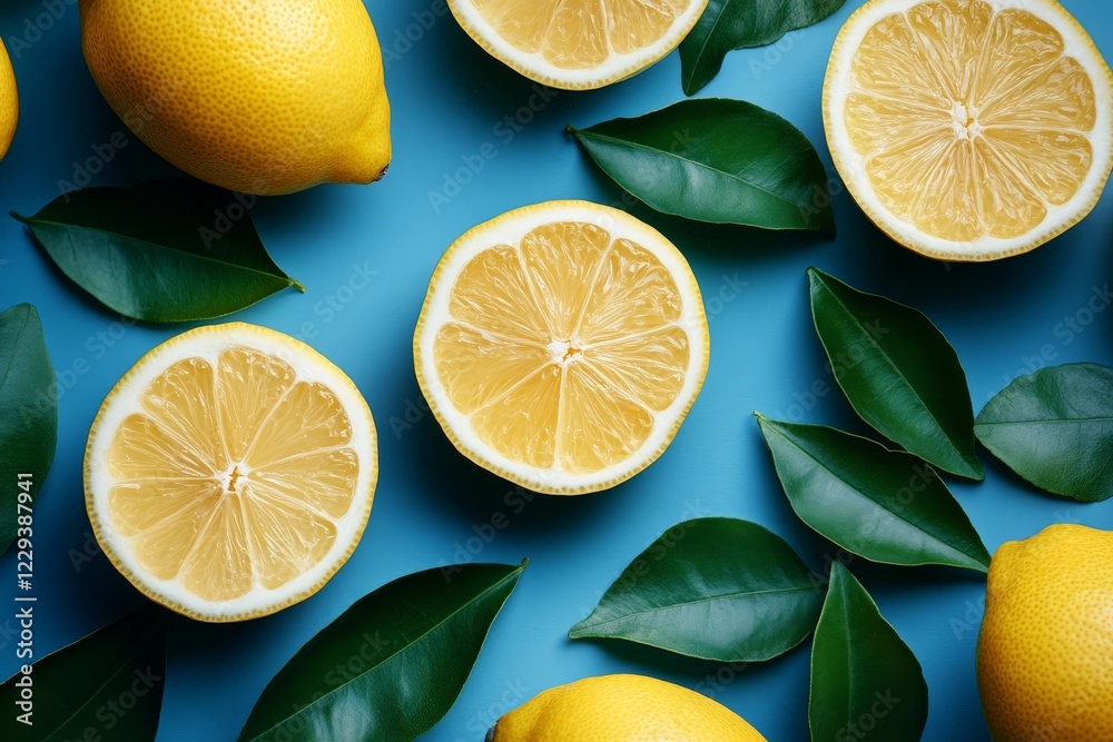 Poster freshly sliced lemons and vibrant green leaves arranged on a blue background create a bright and ref