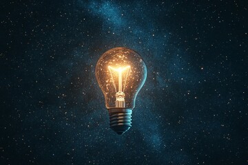 Bright light bulb glowing in a starry night sky with cosmic background and flickering stars