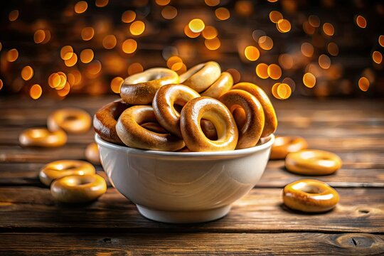 Soft focus highlights creamy bagels nestled in a white bowl, resting on rustic wood.