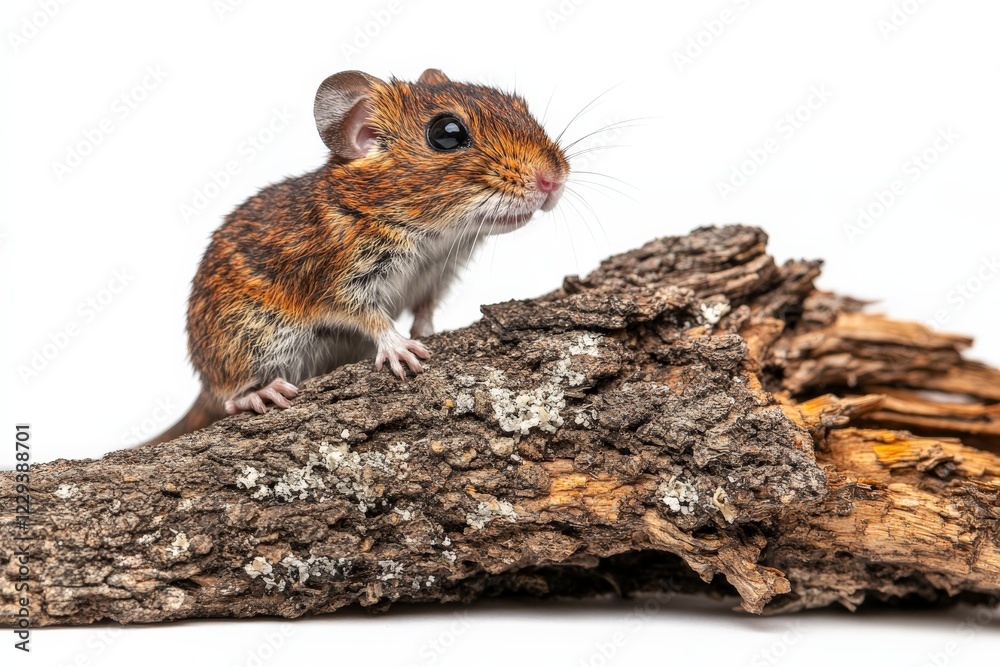 Poster small rodent perched on a textured log against a white background during daylight hours