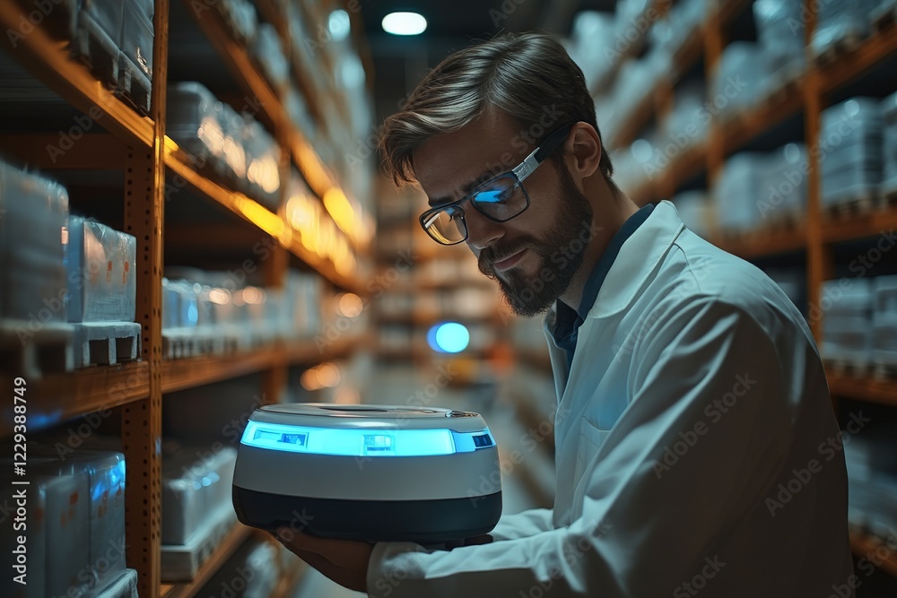 Poster Scientist conducts research in a laboratory setting while analyzing samples in a well-organized storage room at night