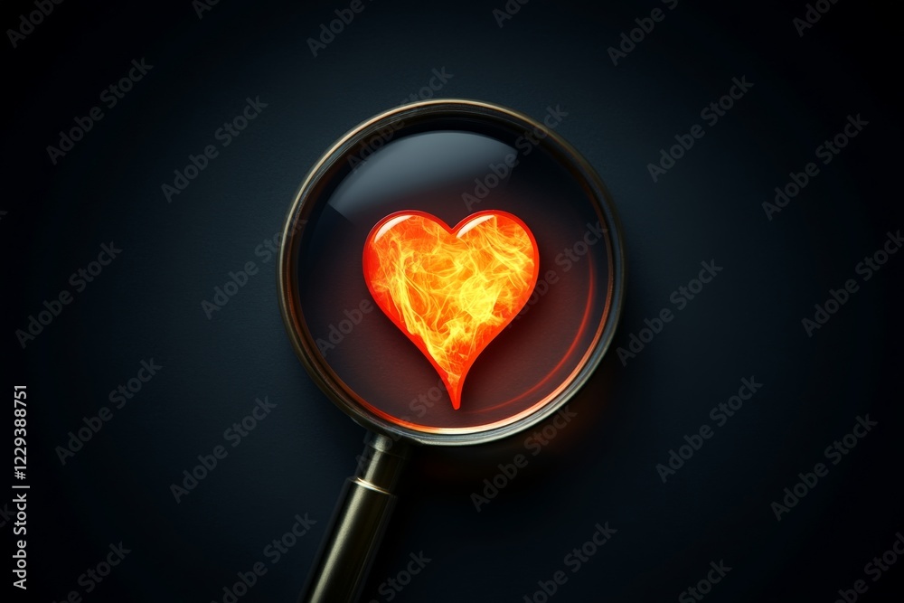 Aufkleber heart symbol with flames inside a magnifying glass on dark background capturing passion and warmth