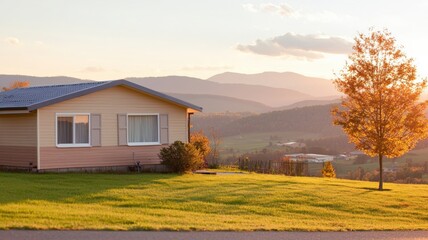 cost living housing concept. A cozy house sits on a grassy hill, surrounded by mountains under a warm sunset, creating a serene countryside atmosphere.
