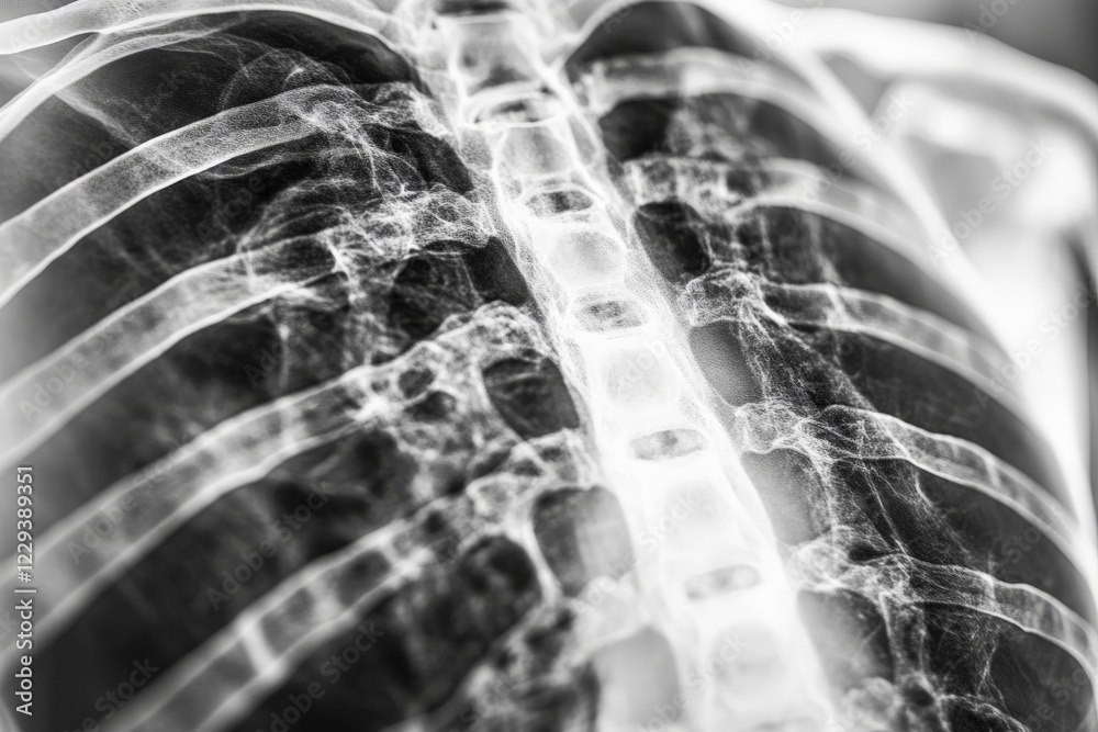 Poster detailed view of human rib cage and spine through radiographic imaging showing skeletal structure an