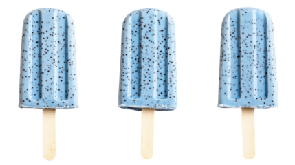 Trio of blue chia seed popsicles on a transparent backdrop. Transparent background