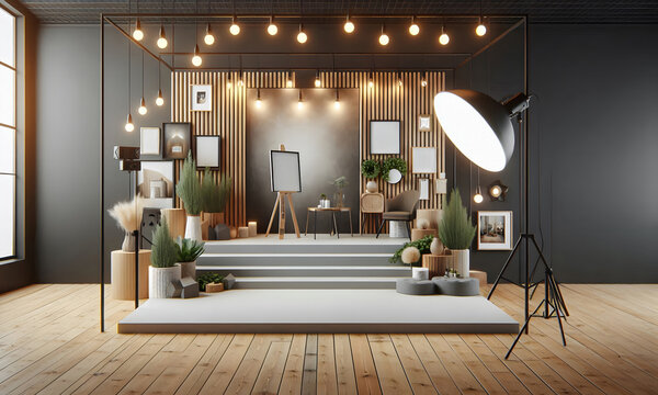 B&uuml;hne, Hintergrund mit Stufen, mock-up Plakat und Spotlights, copy space