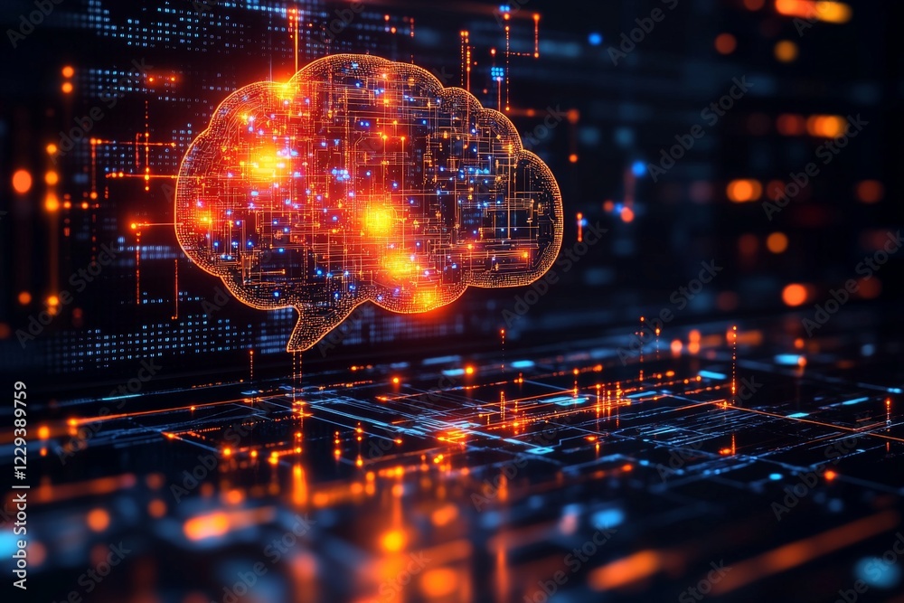 Poster Digital representation of a brain surrounded by glowing connections illustrating artificial intelligence concepts