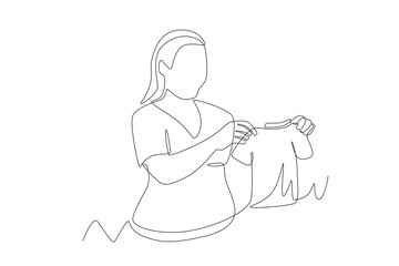 Pregnant mother prepares baby clothes. Pregnant women getting ready for baby concept one-line drawing