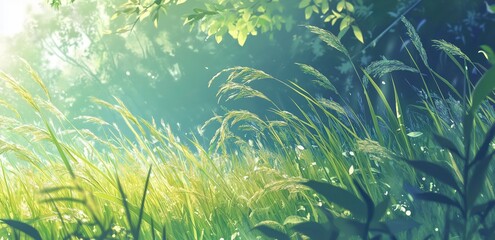 Sunlit Meadow: Blades of grass sway gently in the sunlight, creating a tranquil and serene scene of nature's beauty. The vibrant greens and soft light evoke a feeling of peace and calm.