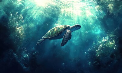 Fototapeta premium Majestic Sea Turtle Gliding Through Crystal Clear Ocean Waters Surrounded by Vibrant Marine Life and Sunlight Rays Filtering Down Above