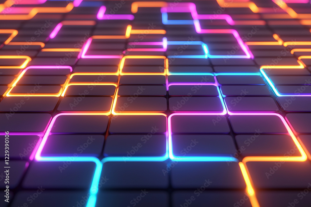 Poster A vibrant 3D rendering of neon-lit digital blocks arranged in a grid-like pattern, reflecting futuristic cyber aesthetics,
