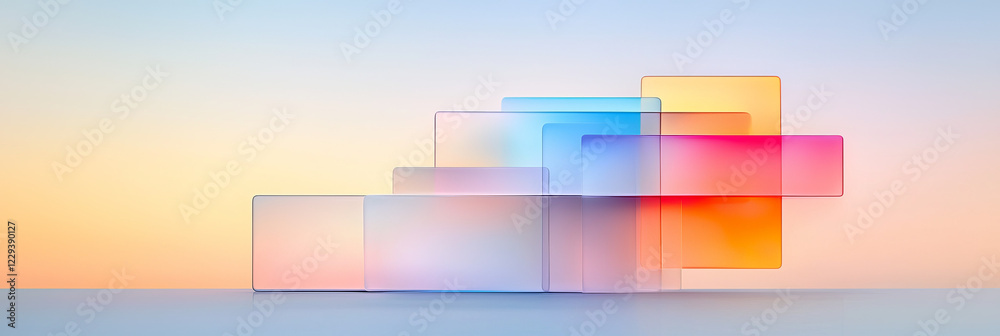 Poster a minimalist artwork depicting transparent, layered blocks in soft, ambient lighting, conveying a sl