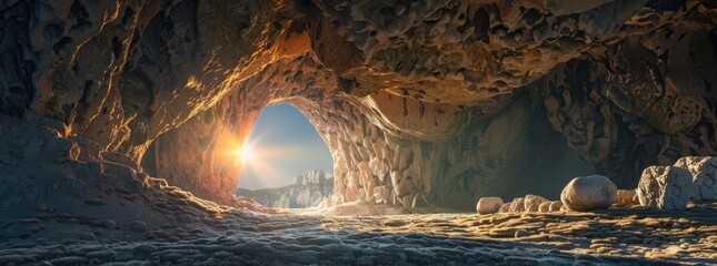 A round stone is being pulled out of the tomb