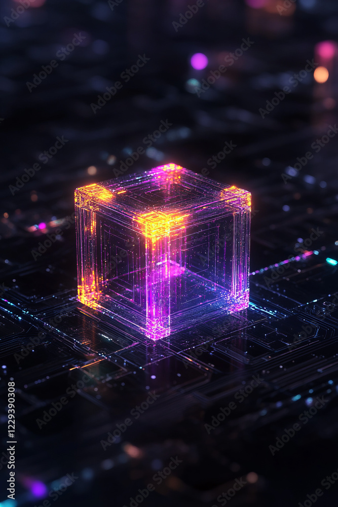 Leinwandbilder A dynamic illustration featuring interlocking holographic cubes with glowing edges, emphasizing advanced digital architecture,