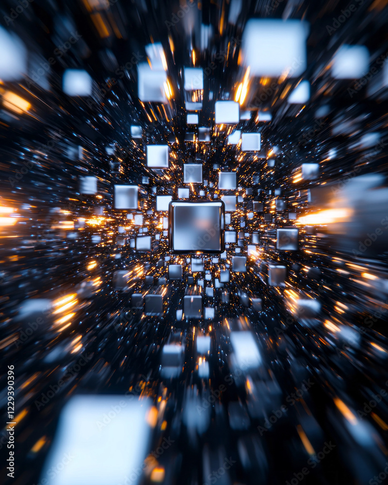 Poster a cinematic image where interconnected metallic cubes are suspended in midair, symbolizing cutting-e