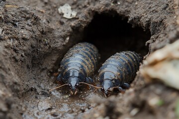 Ground-dwelling insects emerge from burrow in moist soil during early morning hours